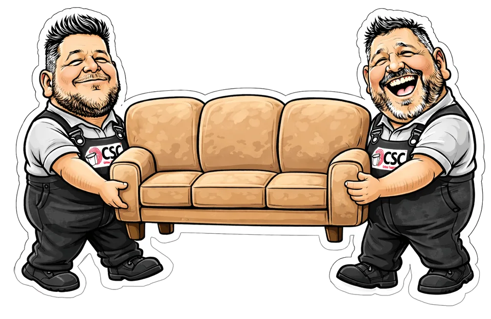 Illustration: die beiden Mitarbeiter tragen ein Sofa hinaus